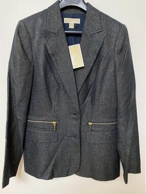 NWT Michael Kors Womens Jacket Blazer Suit Top Black & Gold Zipper Pockets Sz 6